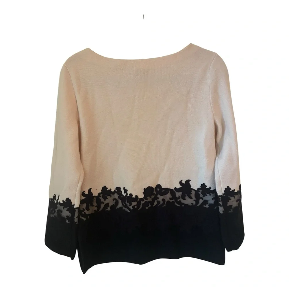 Tory Burch Dixie Cream and Black 💯 Merino Wool Sweater with Lace Detail Size SP